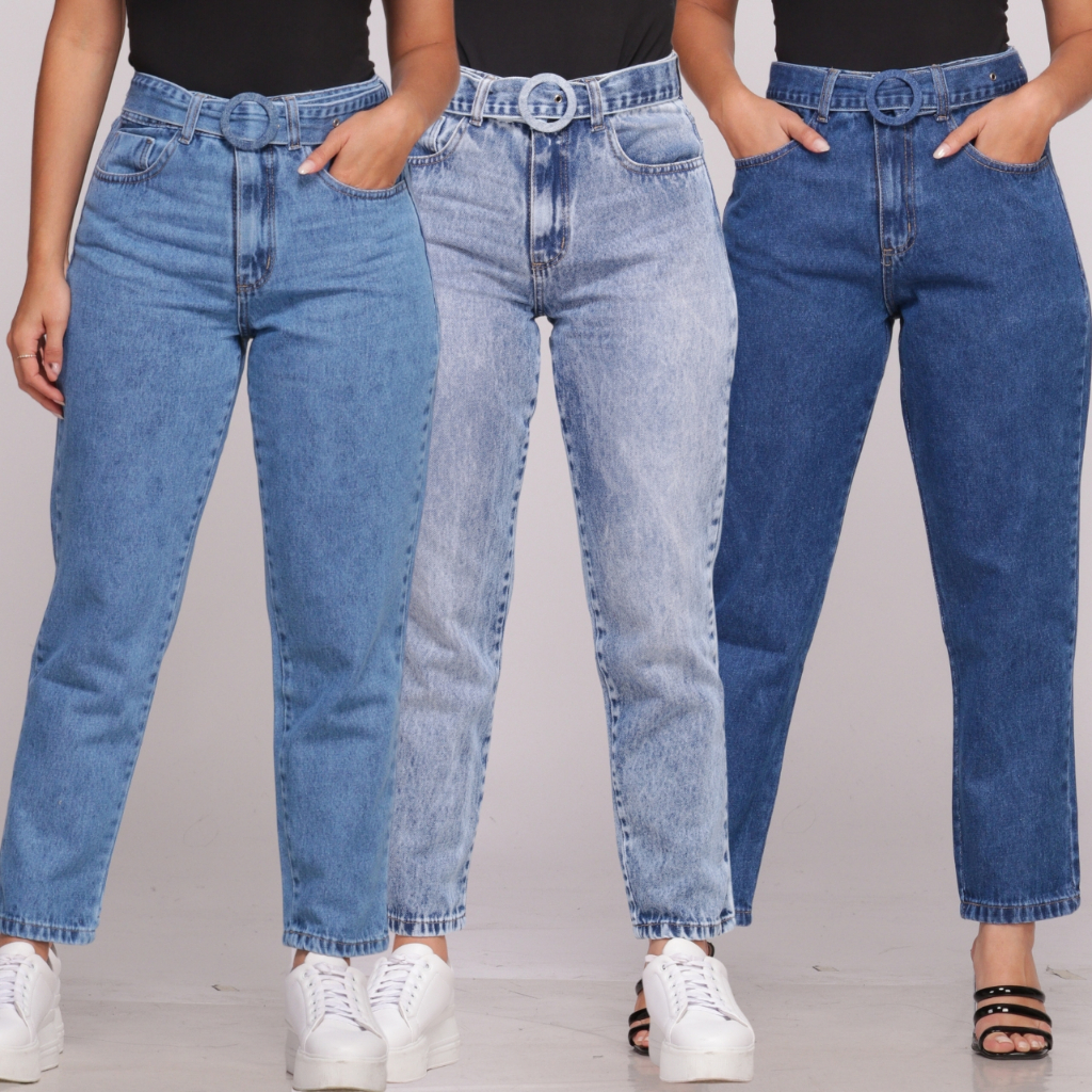 Calça Jeans Feminina Detalhes Fivela Cós Alto Modelador