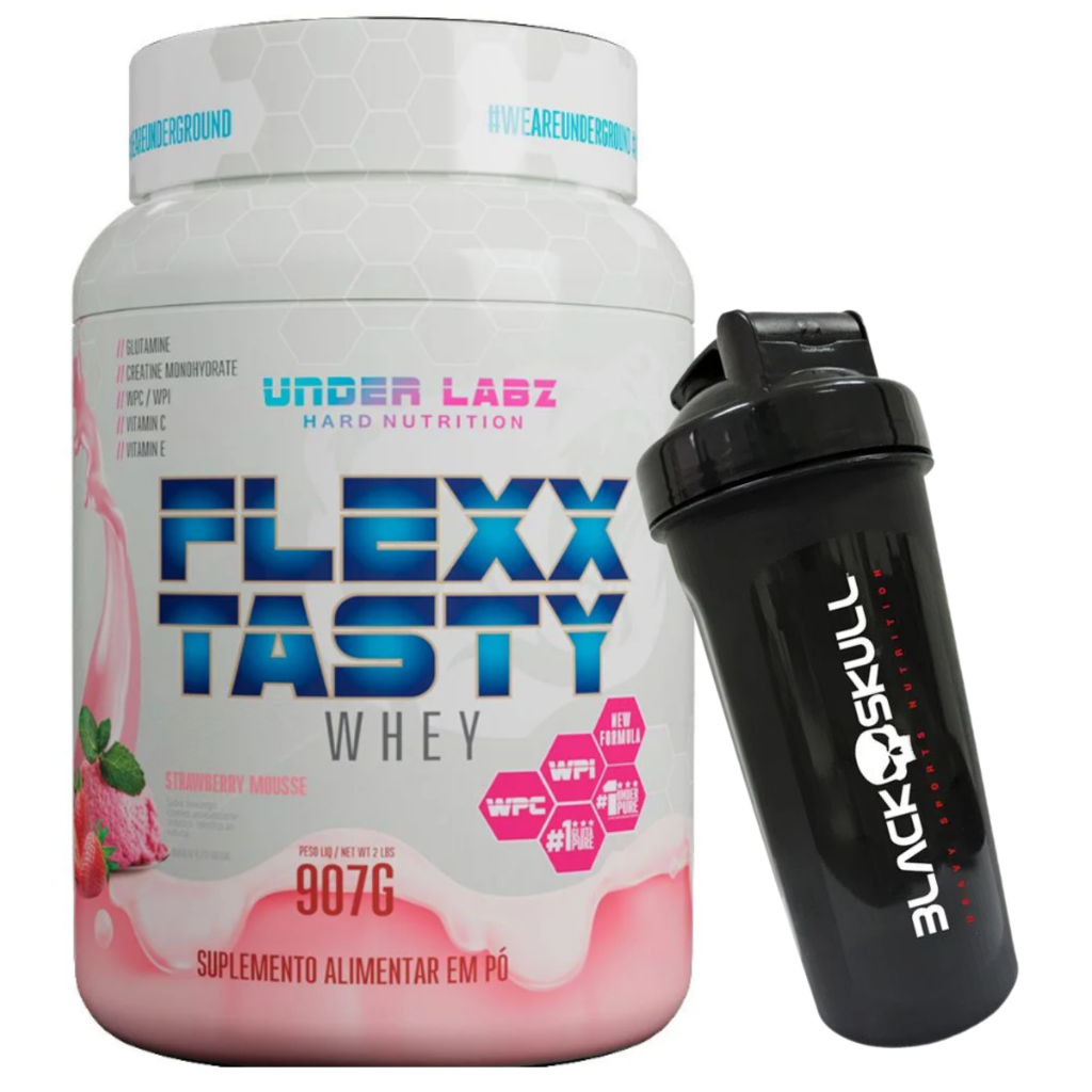 KIT Proteína Flexx Tasty Whey – 907g – Underlabz + Coqueteleira Black Skull