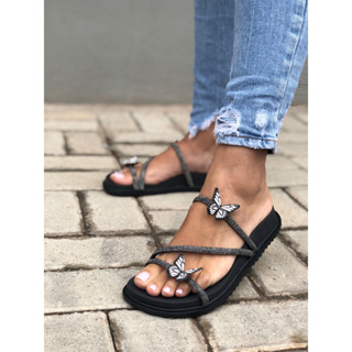 Sandália Papete Borboleta Feminina Birken Chinelo Rasteirinha Brilho Strass Confortável