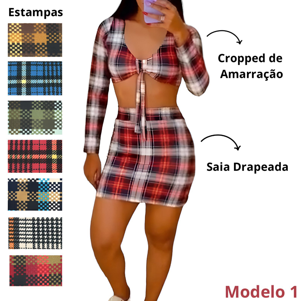 Conjunto xadrez vermelho quadriculado moda gringa cropped e saia aesthetic  blogueira colegial suplex