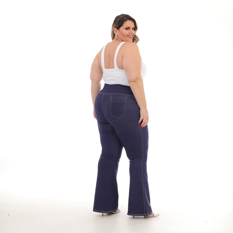 Calça Flare Plus Size Boca de sino Cotton Jeans Fake Com Bolso Do G1 ao G3
