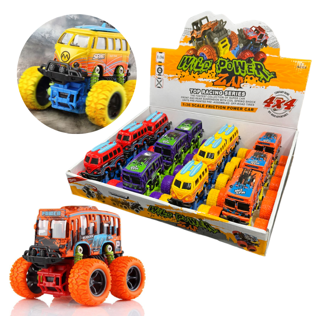 Kit caixa 12 Carrinhos kombi Fricção Monster Truck Big Foot Brinquedo Radical Tração 4x4
