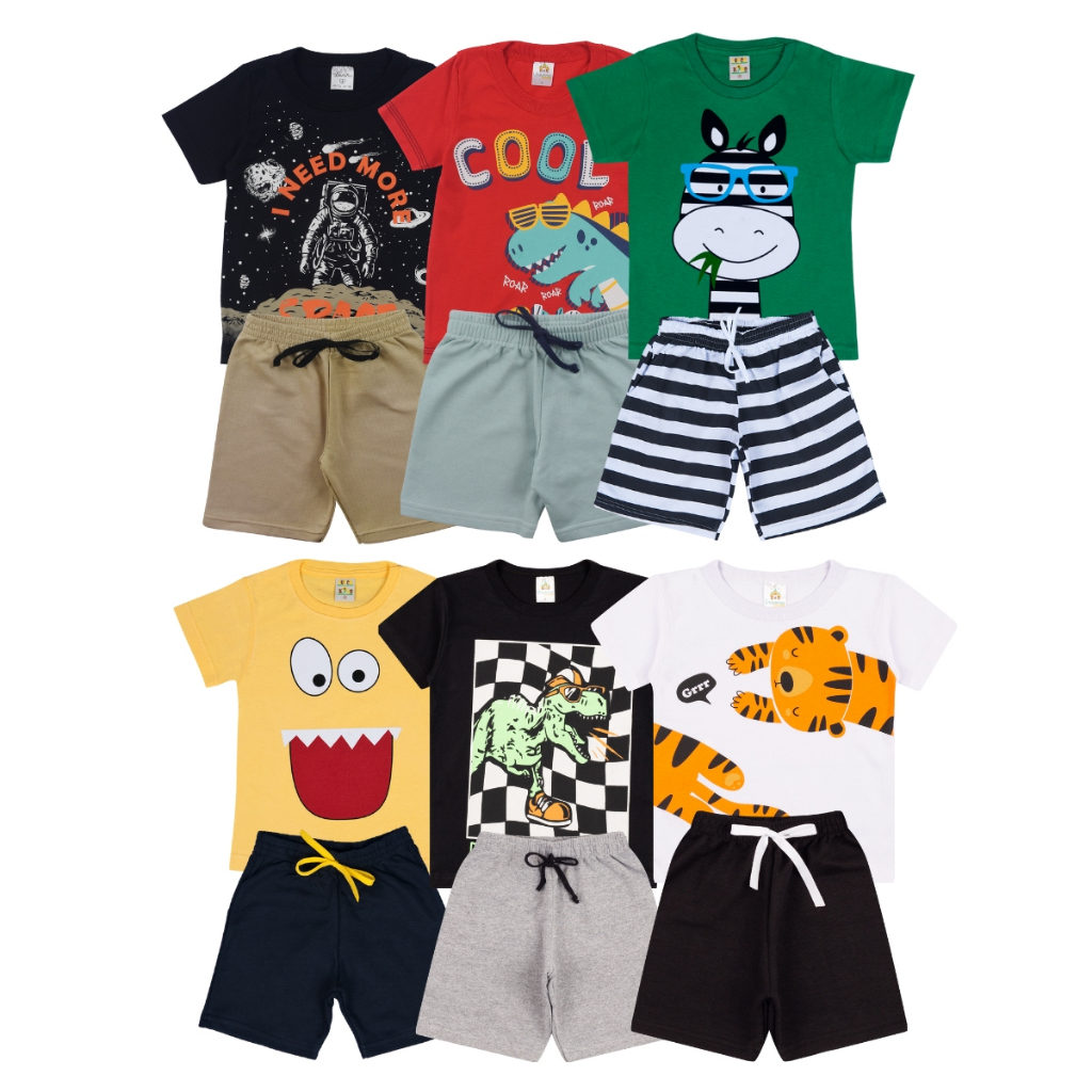 Kit Sortido 6 Peças de Roupas Infantil Menino 3 Camisetas + 3 Bermudas - Promoção - Kit com 3 Conjuntos de Roupa Infantil Menino Verão Menino Bebe Barato