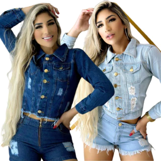 Jaqueta Jeans Feminina Clara e Escura-Jaquetinha Jeans Curta Desfiada
