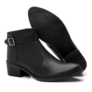 Bota Feminina Tratorada Em Couro Com Fivela Zíper Salto Baixo Confortável Promoção Envio Imediato