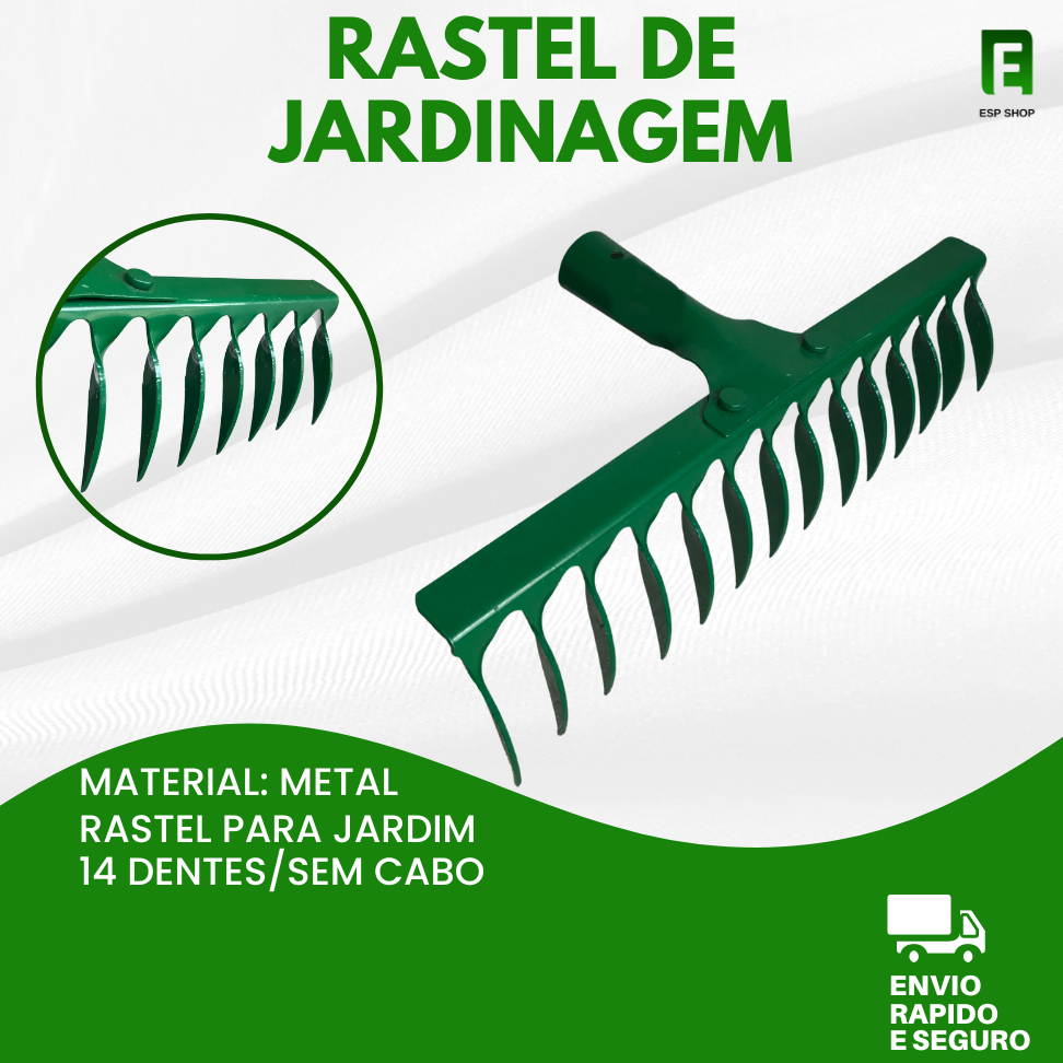 Rastelo Rastel Ancinho 14 Dentes Ferro Verde Sem Cabo Resistente Jardim