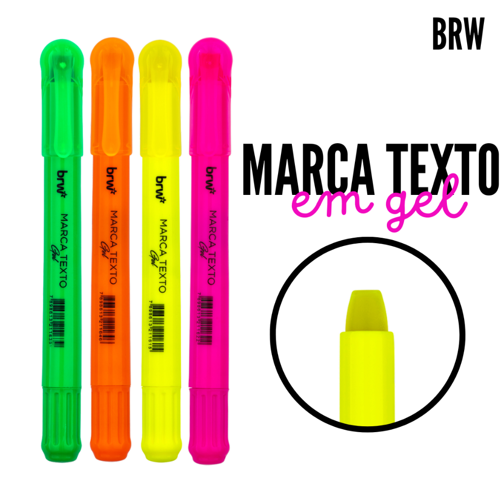 Kit Marca Texto BRW 7 Cores Neon - Ponta Chanfrada - Tinta Base Água - Não Tóxico