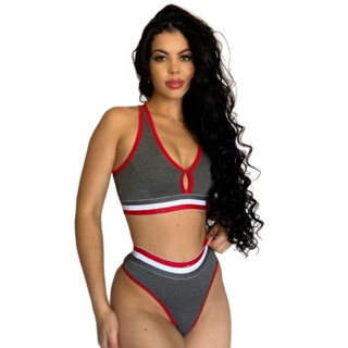 Conjunto Top Fitness Sem Bojo Nadador e Calcinha Fio Dental Feminino Roupa Fitness