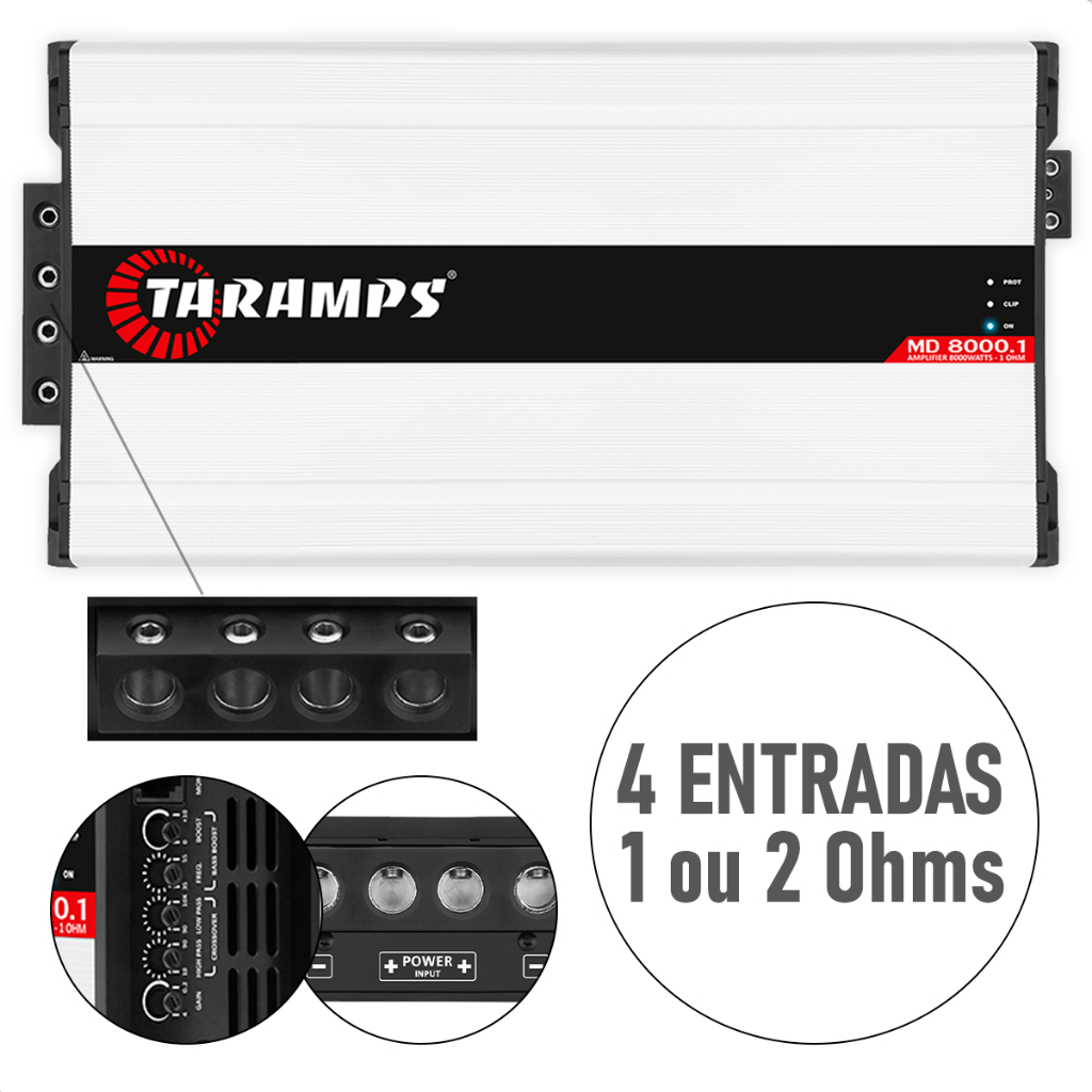 Módulo Amplificador MD 8000.1 / 1 e 2 Ohms 8000 Watts 4 Entradas Alimentação Para Carro 