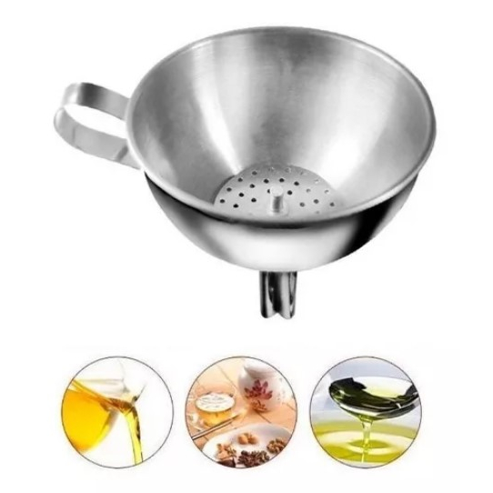Funil Cozinha Inox C/ Peneira Removível Tamanho 11Cm