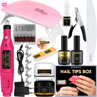 Kit Manicure Iniciante De Unha Completo Gel Acrigel Acrilico Fibra Porcelana De Unhas Cabine Estufa Sun Mini + Lixa Lixadeira Eletrica