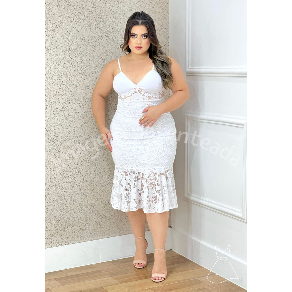 Vestido plus size branco best sale de renda