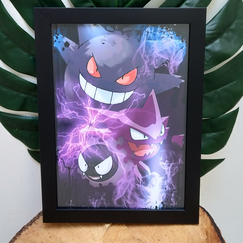 Quadro decorativo com moldura e vidro Pokémon Gengar Haunter Gastly Eevee pôster anime geek