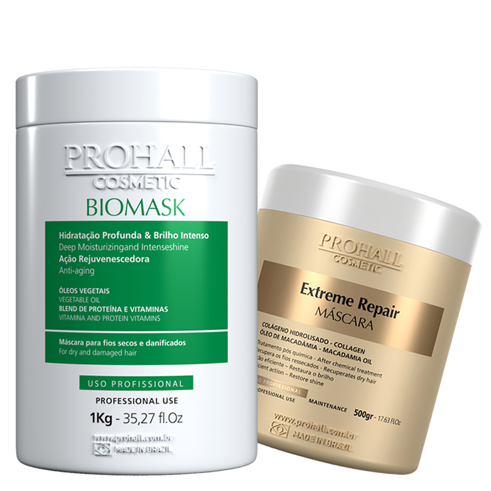 Prohall Máscara Biomask 1Kg + Máscara Extreme Repair 500g Hidratação e ...