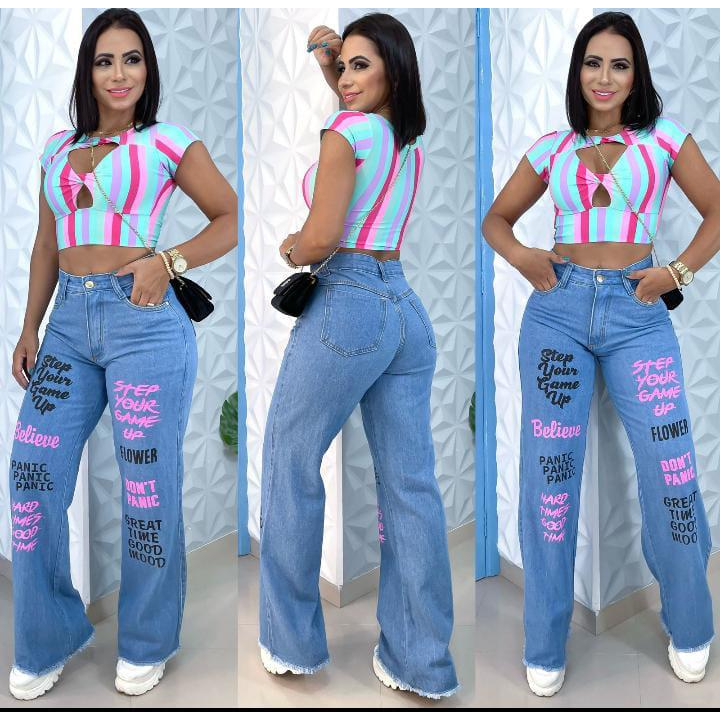 Calça Jeans Wide Leg Com Escrita | Shopee Brasil