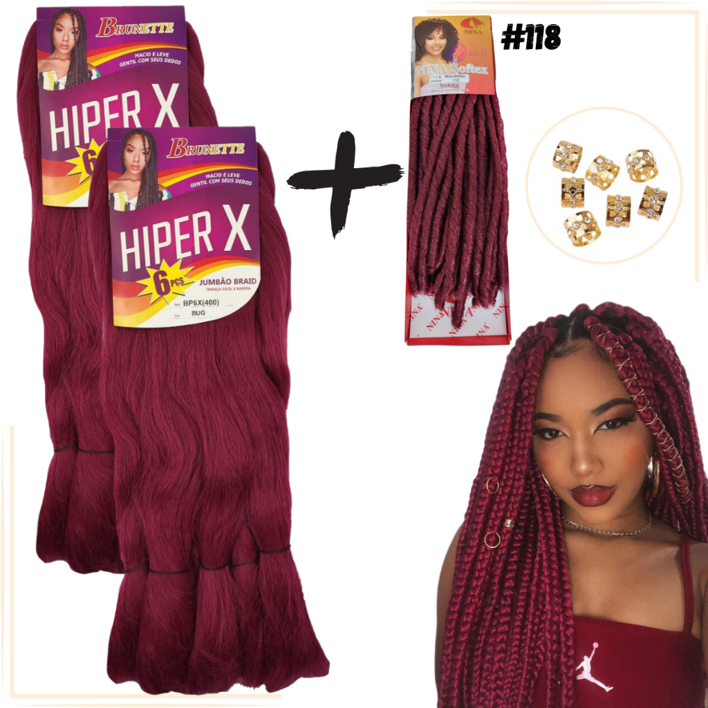 Kit 2 Cabelo Jumbo Gypsy Braids Hiper X Tranças Box Braid + Nina Softex Crochet Braids + Anéis de Enfeite