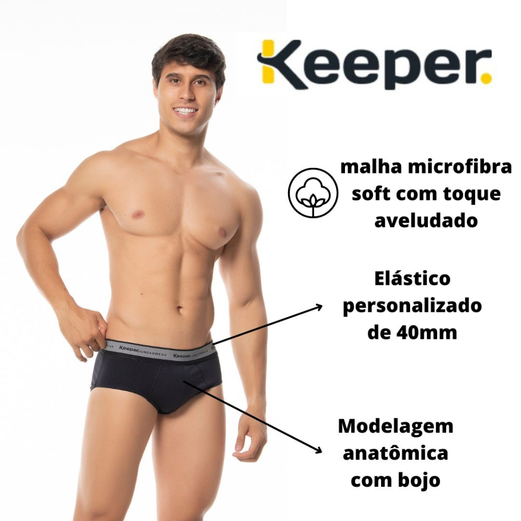 Kit com 3 cuecas slip microfibra soft lisa Keeper Ref
