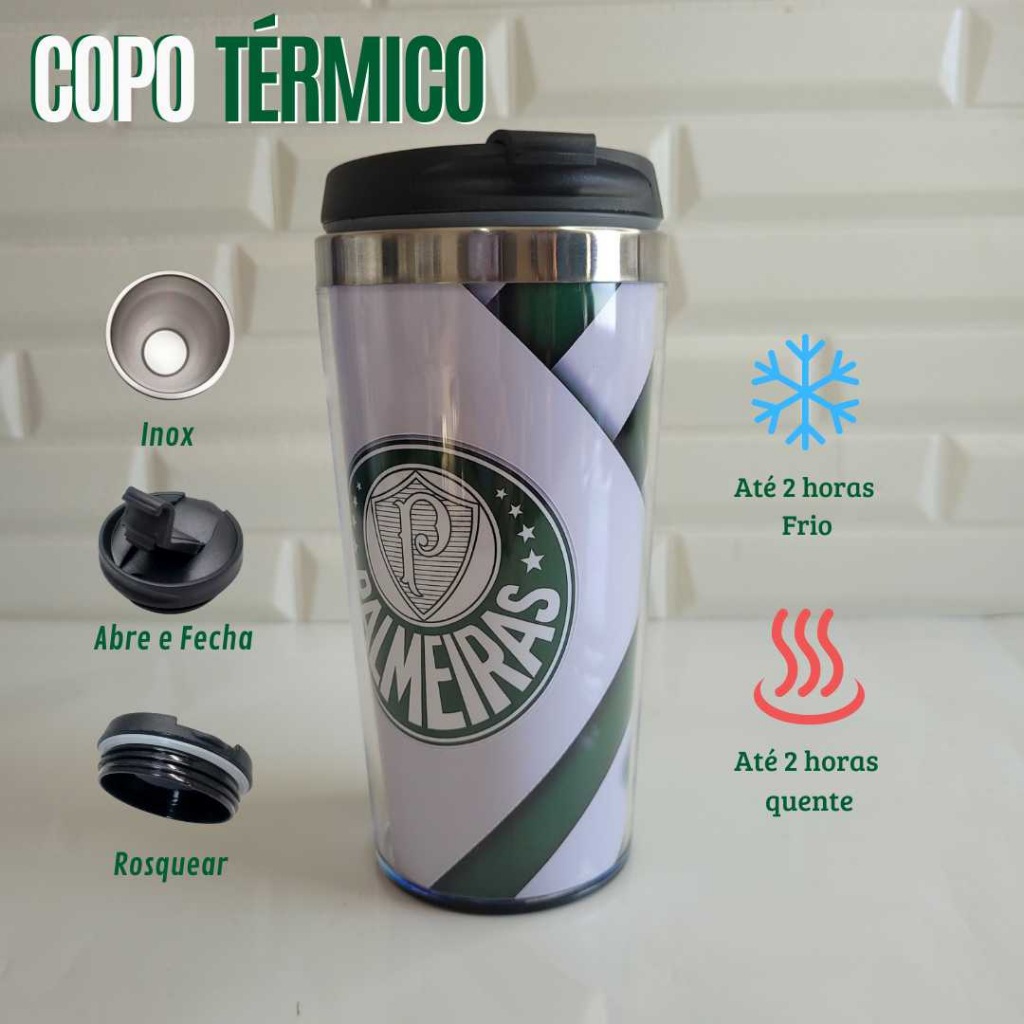 Copo Térmico Personalizado Inox Interno Palmeiras Alviverde 450 ml Cerveja, Chopp, Água, Refrigerante.