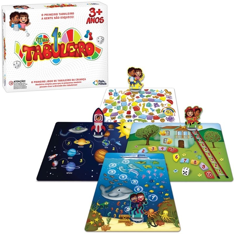 JOGO MEU 1º TABULEIRO COM 4 PEÕES + DADOS E ACESSÓRIOS 12 PEÇAS