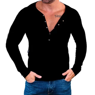 Camisa Henley Masculina Blusa de Botão Camiseta Slim Básica Manga Longa Comprida Viscose Elastano