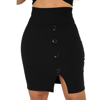 Saia Preta Midi Moda Evangélica Canelada Ziper Botoes e Fenda Feminina