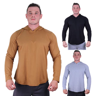 Kit 3 Camiseta Manga Longa Longline Com Touca MXD Conceito Cores Lisas Casual Treino Academia