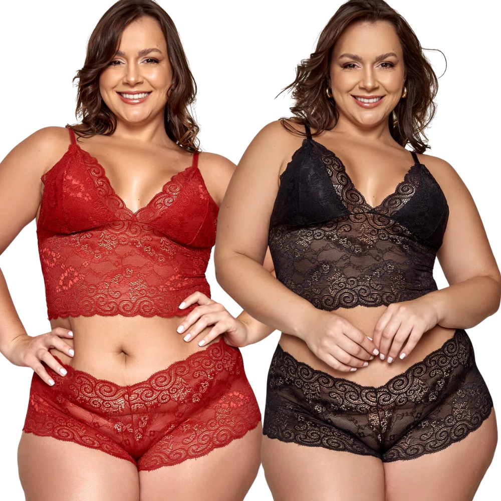 Lingerie- Conjunto Plus Size- Calcinha e Sutiã Sexy- Com Strass