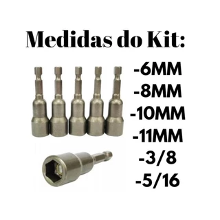 Ponteira Bits Soquete para parafusadeira Canhão 3/8 5/16 - 6mm 8mm 10mm11mm (06 Peças)