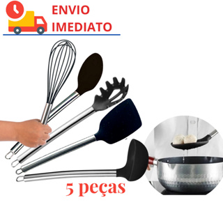 Jogo 5 Utensílios de Silicone com Cabo de Inox Bonito Preto Cozinha Colher de Silicone