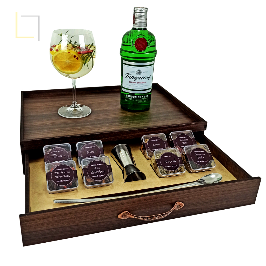 Caixa De Gin Espelhada Com Especiarias Em Madeira Rustica Kit Gin Rustico  Especiarias Gin