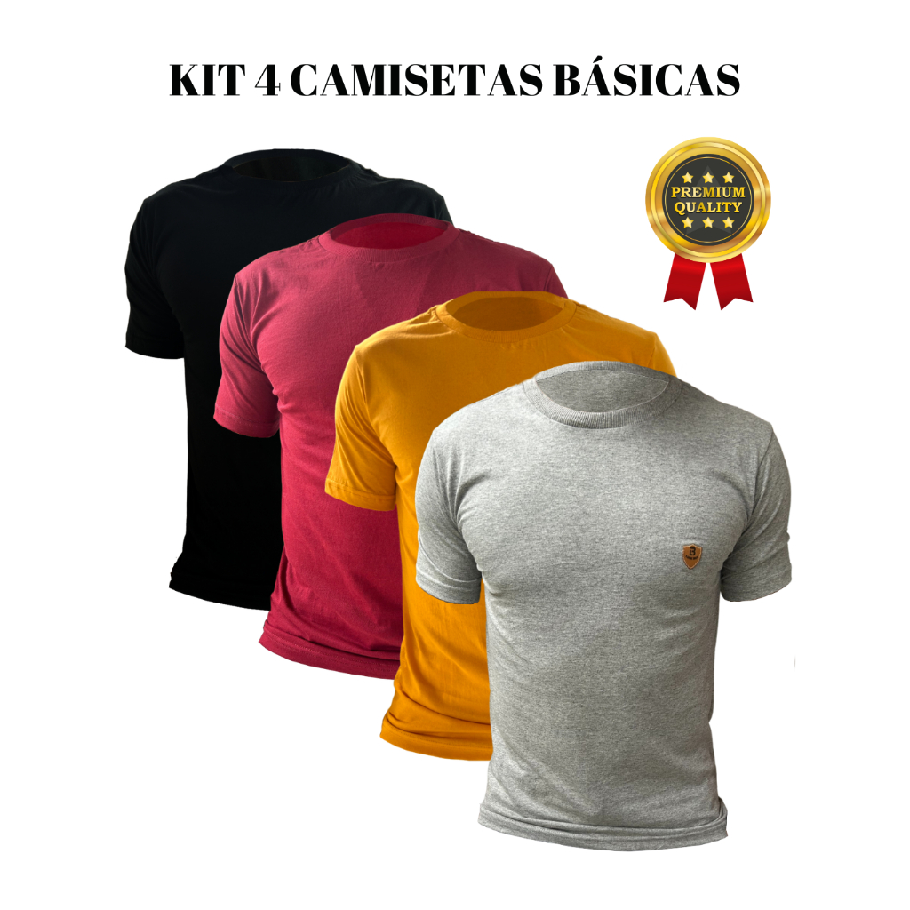 Kit Com 4 Camisetas Masculinas Básicas Premium Manga Curta 100 Algodão