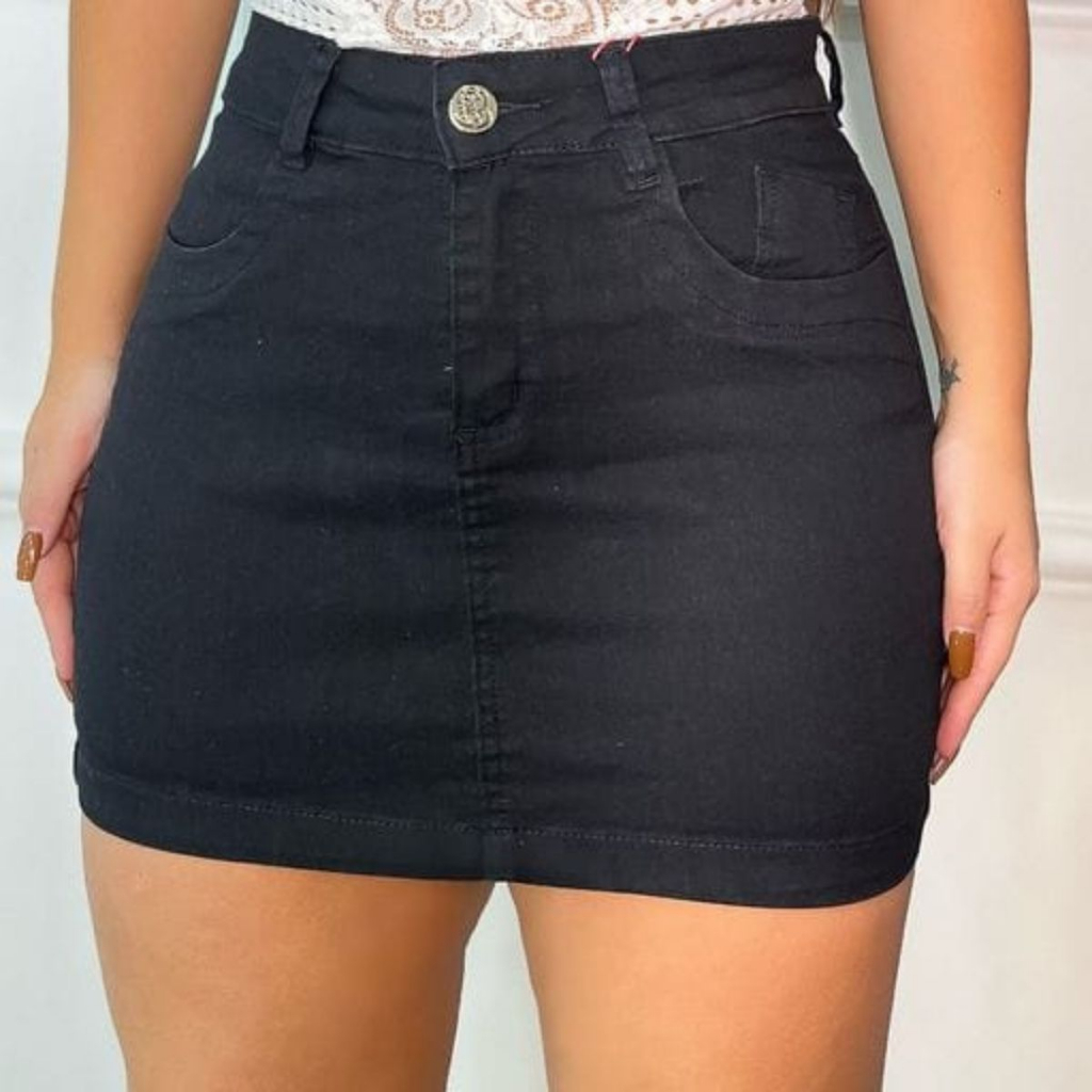 Saia Jeans Feminina Cintura Alta Preta com Lycra | Shopee Brasil