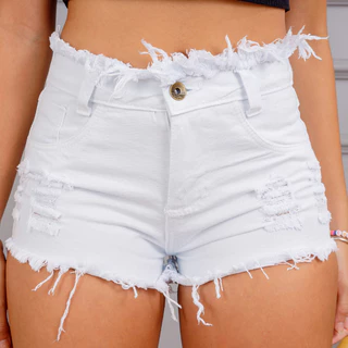 Shorts Bermuda Jeans Feminino Cos Desfiado Branco Empina Bumbum