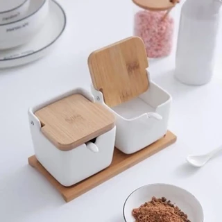 Açucareiro e Saleiro de Porcelana com Tampa de Bambu