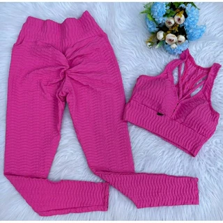 Conjunto Academia Jacquard Fitness calça legging e top nadador bojo removível , empina bumbum, textura ondas Viveza fitness