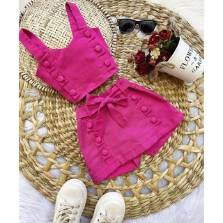 Conjunto Linho Botão Moda Infantil Menina
