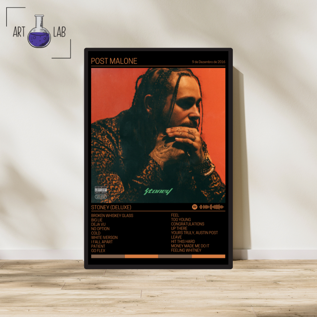 Quadro decorativo álbum Spotify Post Malone Stoney Deluxe moldura e vidro