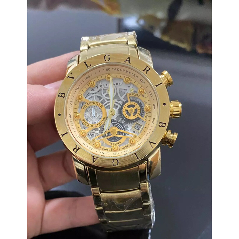 Relógio masculino Bvlgari skeleton dourado preto 100% funcional linha ...