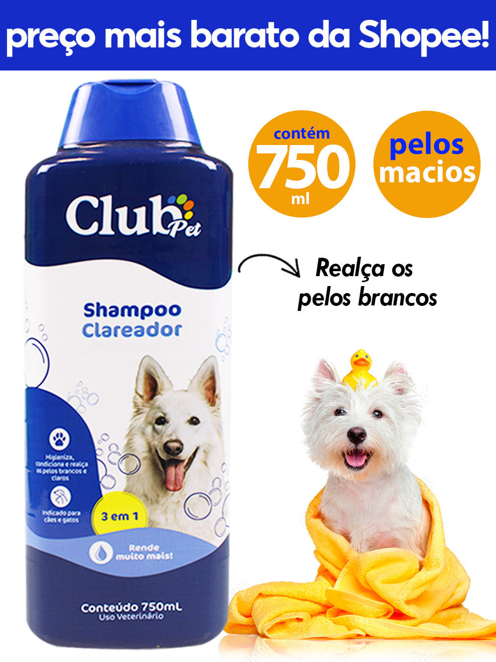 Shampoo para Pelos CLAROS Neutro 500ml - Club Dog