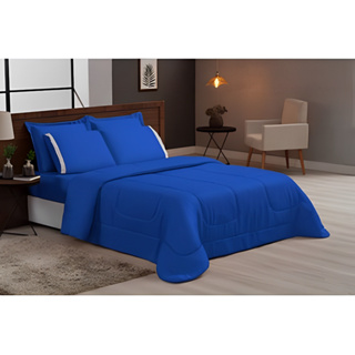 Kit Aconchego Queen Edredom + Jogo Lencol Roupa De Cama Azul