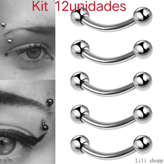 Kit 12Piercing Microbell Curvo PRATA em Aço inoxidavel Cirúrgico Vertical Labret, Sobrancelha, Labios unissex