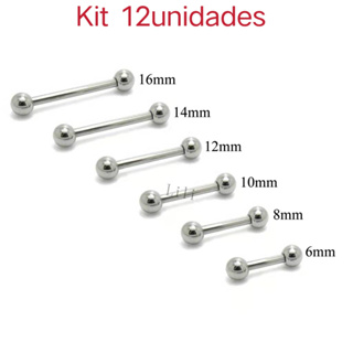 Kit Com12 Piercing microbel reto cor prata aço inoxidável aço cirurgico