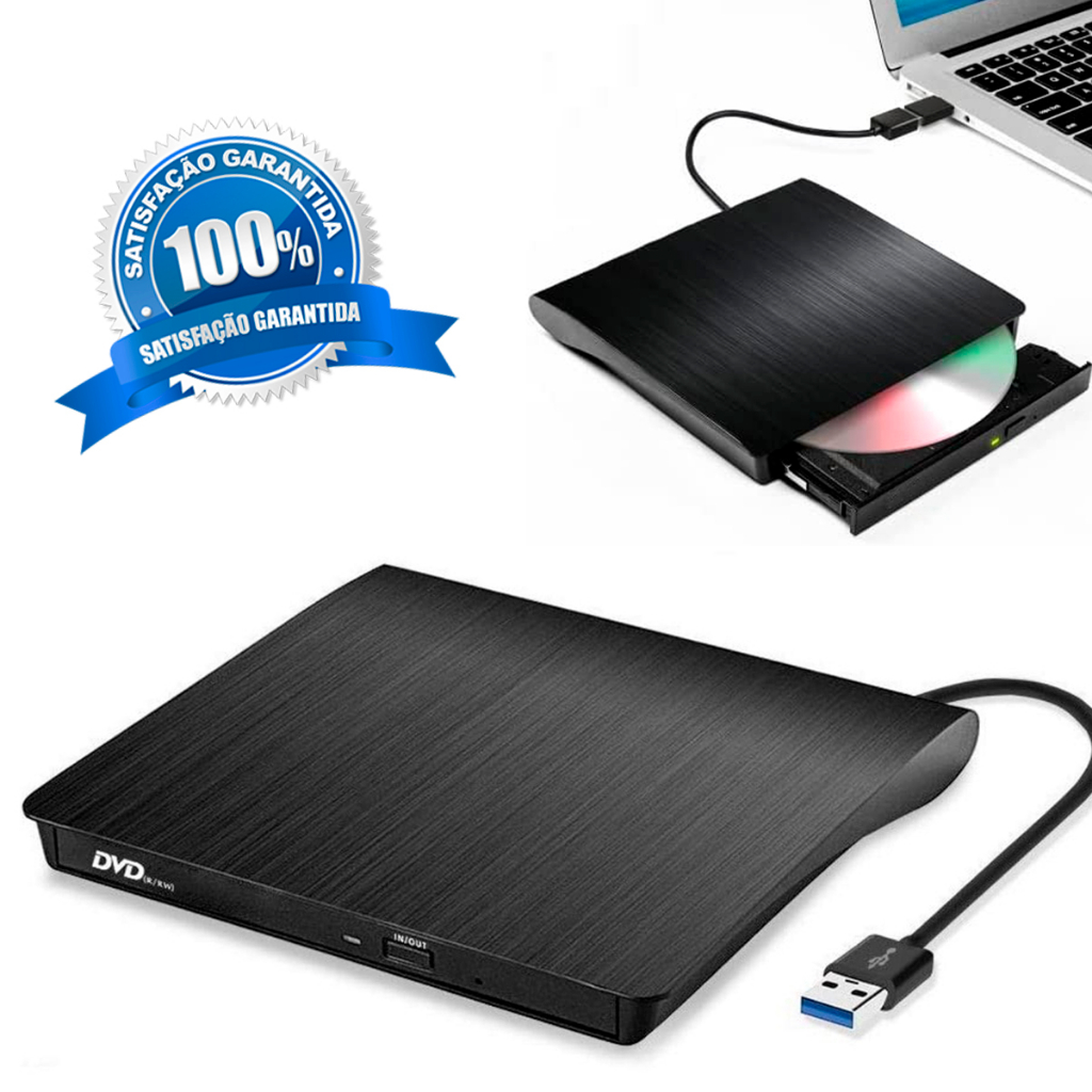 Gravador Externo Leitor Dvd RW Usb 3.0 2.0 Preto Portátil Pc Note