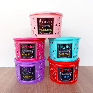 Conjunto Kit Potes Mantimentos Coloridos Estampados 2L Redondo 5 peças