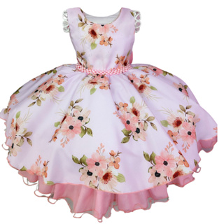 VESTIDO INFANTIL ROSA FLORAL PRINCESA LUXO FESTA ANIVERSÁRIO