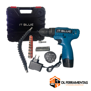 PARAFUSADEIRA FURADEIRA COM IMPACTO 12V COM ACESSORIOS 2 BATERIAS C/ MALETA - IT BLUE