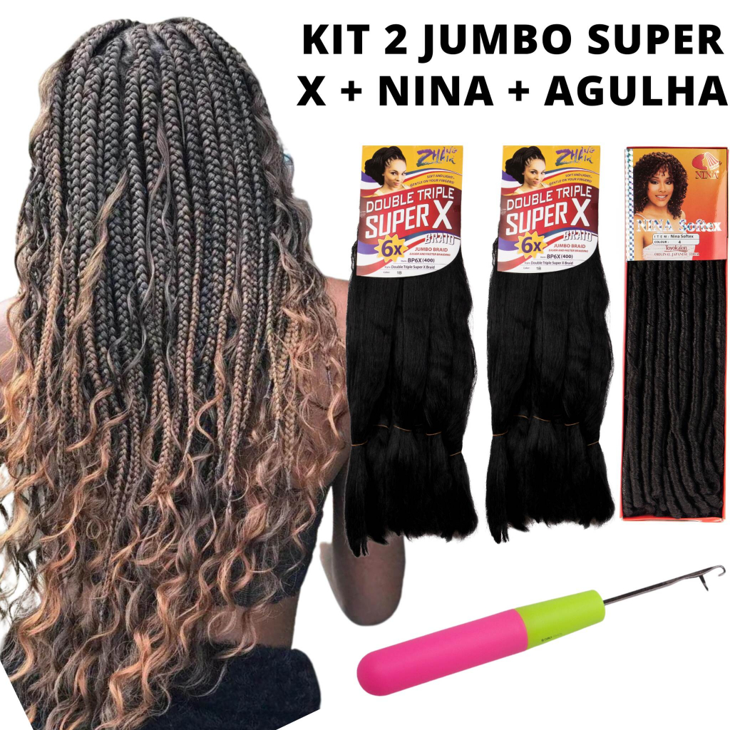 Kit 2 Cabelo Jumbo Super X + Nina Softex E Agulha Tranças Box Braids Cachos  Gypsy Crochet Braids - Escorrega o Preço