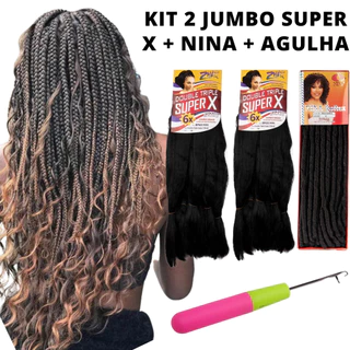Kit 2 Pacotes Jumbo Super X + Nina + Agulha Cachos Chochet Braids Método Gypsy Braid