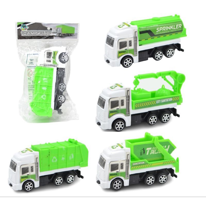 Kit 4 Caminhões Lixo, Guincho, Caçamba e Pipa Colecionáveis Frota Caminhão de Limpeza Promoção