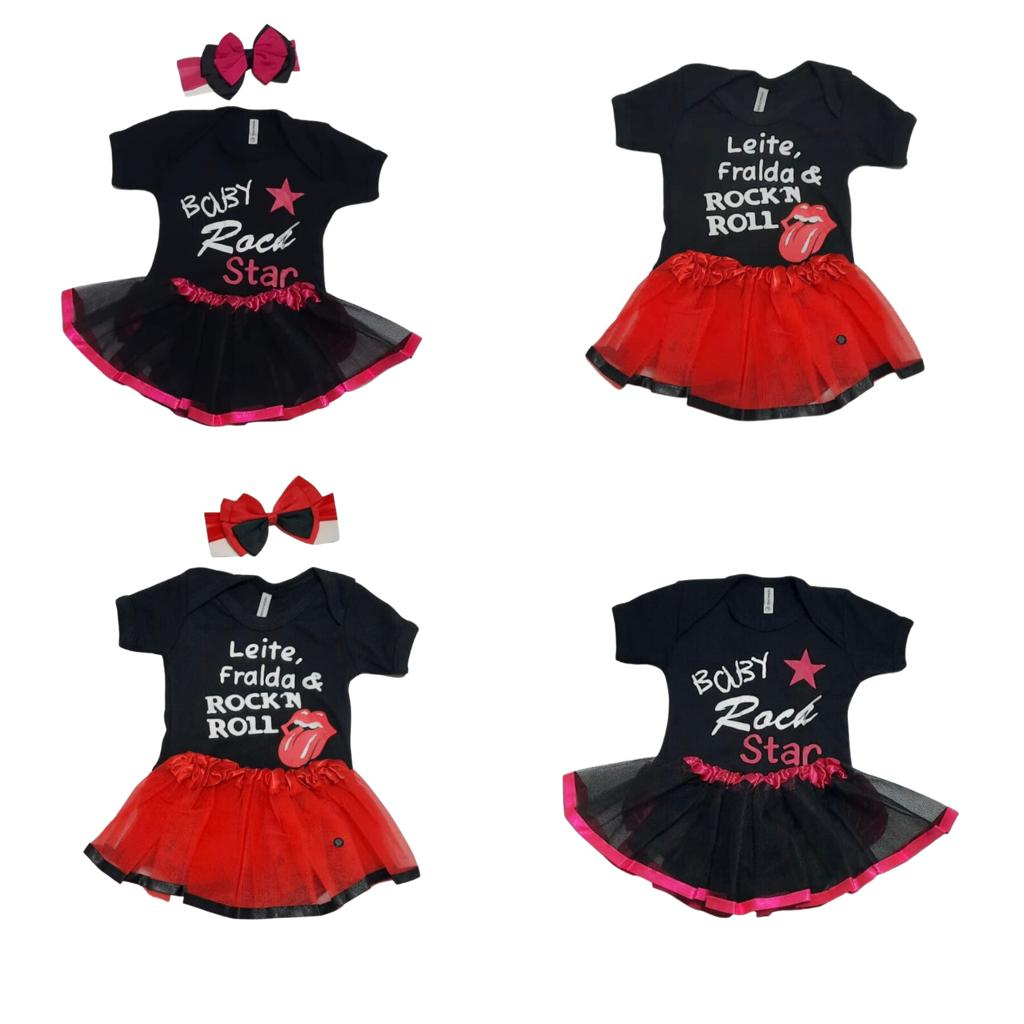 Body Rock and Roll Bebê Temático Menino e Menina Com Faixinha E Saia Tule Tutu